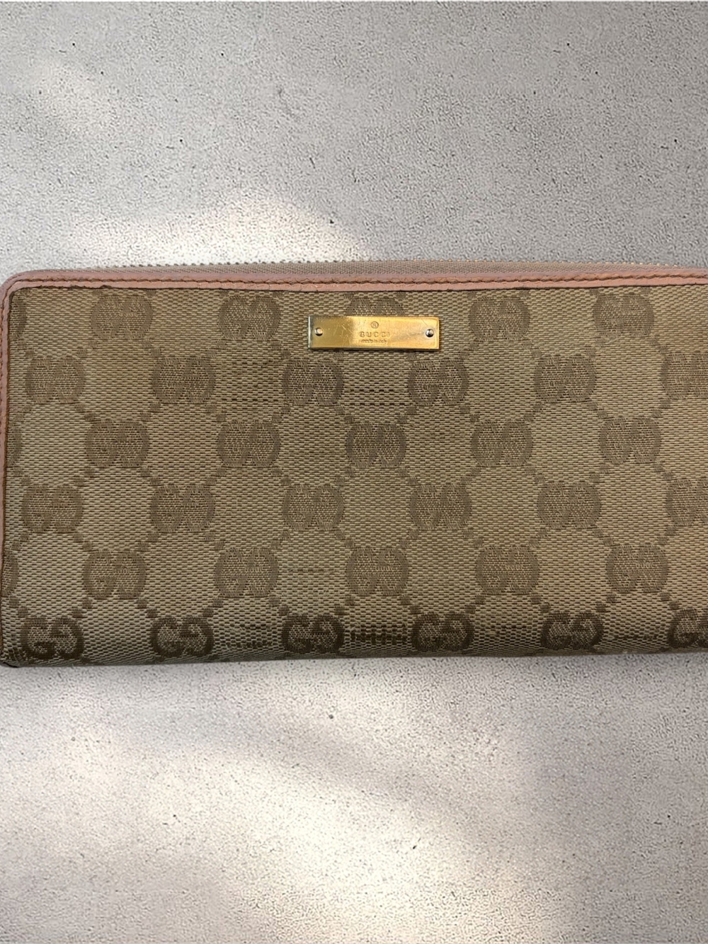 Gucci GG Canvas Zip Around Continental Wallet Pink Leather Gold Plate